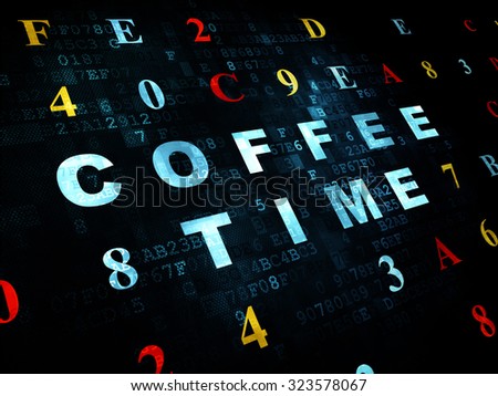 Time concept: Pixelated blue text Coffee Time on Digital wall background with Hexadecimal Code