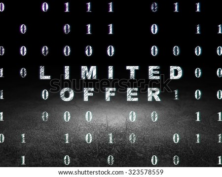 Finance concept: Glowing text Limited Offer in grunge dark room with Dirty Floor, black background with Binary Code
