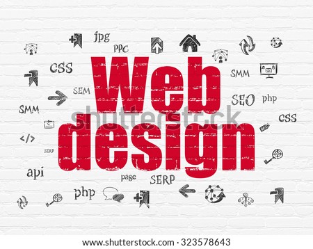 Web development concept: Painted red text Web Design on White Brick wall background with  Hand Drawn Site Development Icons
