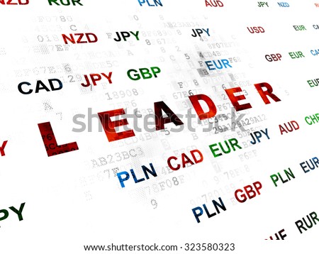 Business concept: Pixelated red text Leader on Digital wall background with Currency