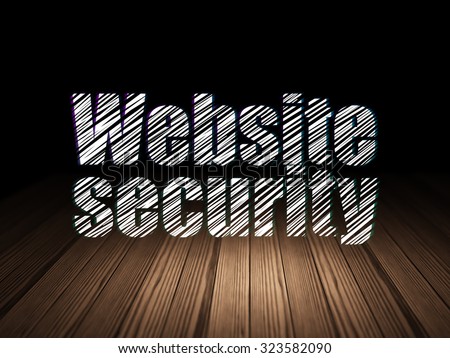 Security concept: Glowing text Website Security in grunge dark room with Wooden Floor, black background