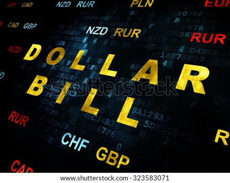 Banking concept: Pixelated yellow text Dollar Bill on Digital wall background with Currency