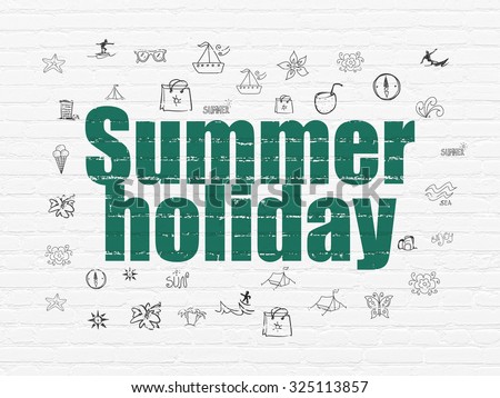 Travel concept: Painted green text Summer Holiday on White Brick wall background with  Hand Drawn Vacation Icons