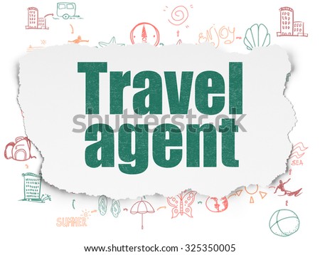 Vacation concept: Painted green text Travel Agent on Torn Paper background with Scheme Of Hand Drawn Vacation Icons