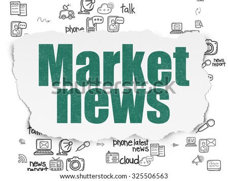News concept: Painted green text Market News on Torn Paper background with Scheme Of Hand Drawn News Icons
