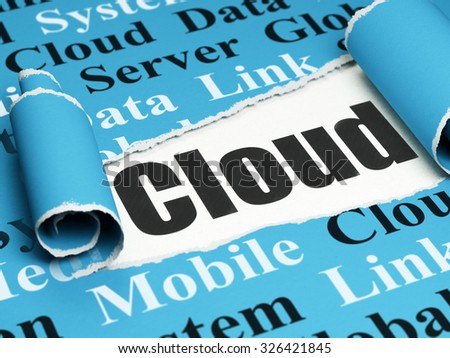Cloud computing concept: black text Cloud under the curled piece of Blue torn paper with  Tag Cloud