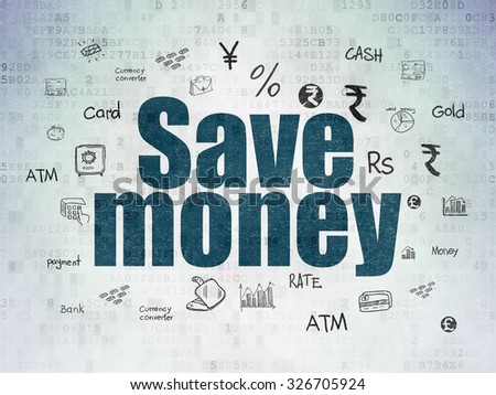 Money concept: Painted blue text Save Money on Digital Paper background with  Hand Drawn Finance Icons