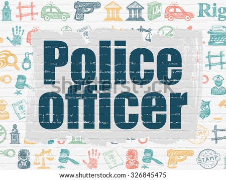 Law concept: Painted blue text Police Officer on White Brick wall background with  Hand Drawn Law Icons