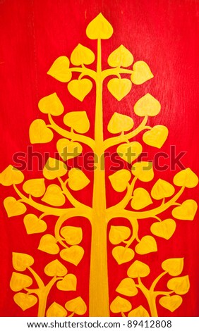 Handcraft tree painting with golden on red background