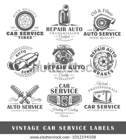 Set of vintage car service labels. Templates for the design of logos and emblems. Collection of car service symbols: tire, engine, muffler. Vector illustration