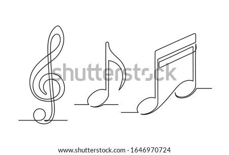 Set of continuous one line drawing of a musical notes. Treble clef and notes isolated on white background. Music concept. Vector illustration