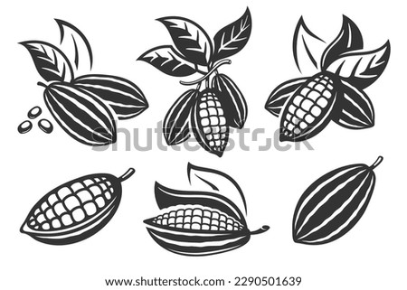 Set of cocoa pod isolated on white background. Logo template. Cacao beans. Vector illustration.