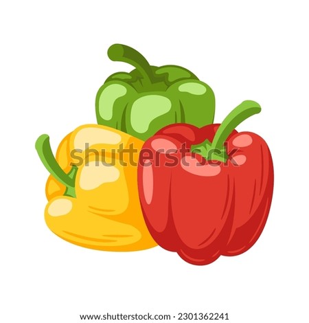 Sweet green, red and yellow bell peppers isolated on white background. Bell peppers in Cartoon style. Vector illustration