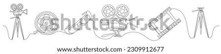 Set of continuous one line cinema elements. Vintage cinema elements isolated on a white background. Vector illustration
