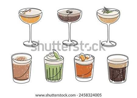 Outline drawing of alcoholic cocktail drinks isolated on white background. Espresso martini, negroni, thai basil, elderflower rosemary, bourbon sour, irish coffee, kaffe karlsson