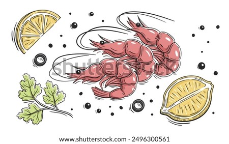 Red shrimps, lemons slice and parsley with spices isolated on white background. Shrimps with vegetables to design menu in cartoon style. Vector illustration