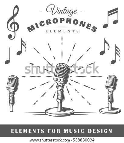 Set of musical elements isolated on white background. Vintage microphone. Notes. Vector illustration.