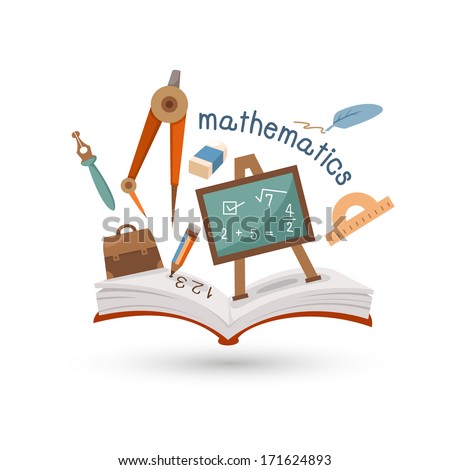 Open book and icons of mathematics. Concept of education