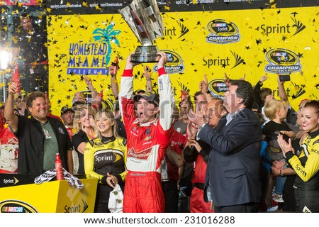 MIAMI, FL - Nov 16: Kevin Harvick wins the Chase Championship at the Nascar Sprint Cup Ford Ecoboost 400 race at Homestead-Miami Raceway in Homestead, FL on November 16, 2014