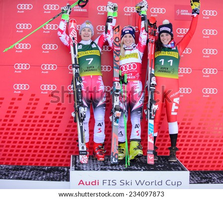 ASPEN, CO - November 29: winner Eva-Maria Brem and 2nd Kathrin Zettel (7) with 3rd Federica Brignone (11) at the  Audi FIS Ski World Cup Giant Slalom race in Aspen, CO on November 29, 2014
