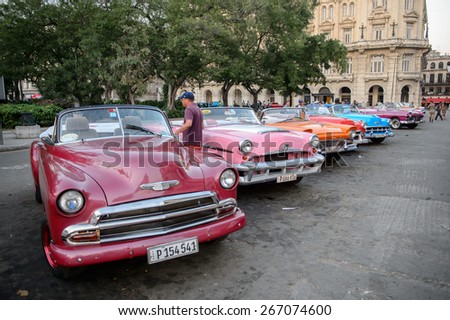Havana, CUBA - March 19, 2015: Cuban vintage cars parked in the streets of Havana, Cuba