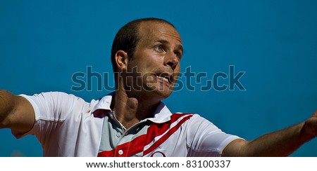 NICE, FRANCE - MAY 16: Olivier Rochus of Belgium serves a ball in an early round match at the 2011 ATP Nice Open Cote d'Azur tennis tournament on May 16, 2011 in Nice, France