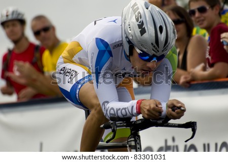 COLORADO SPRINGS, CO - AUG 22: Team Exergy\'s professional cyclist  Miguel Andres Diaz is riding the prologue course of the 2011 USA Pro Cycling Challenge in Colorado Springs, USA on Aug 22, 2011