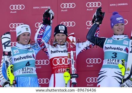 ASPEN, CO - NOV 27: Maria Pietilae-Holmner (L), Marlies Schild (m) and Maria Hoefl-Riesch (r) on the podium at the Audi Quattro FIS World Cup Slalom race in Aspen, CO on Nov 27, 2011