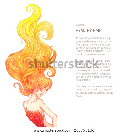 Vector illustration of hand drawn woman with fire hairs - rich curled locks hair dress drawn in color pencils isolated on white with place for text block