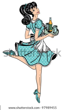 color waitress in retro style brings beer order