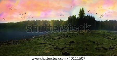 a fantasy style background with pink clouds fog and trees