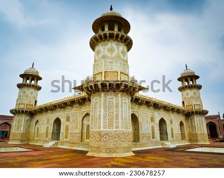 Angled view of Itmad-Ud-Daulah\'s tomb in Agra, Uttar Pradesh, India. Also known as the Jewel Box or the Baby Taj.