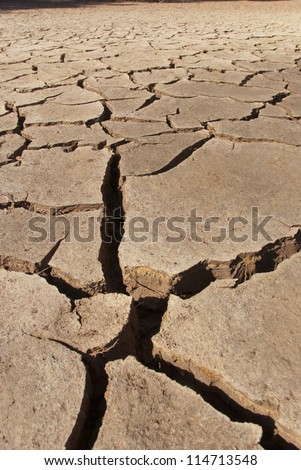 Cracked mud tiles in dry river bed. Hutt River, Western Australia
