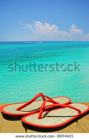 Orange flip flop sandals on dock overlooking gorgeous ocean with boat in distance