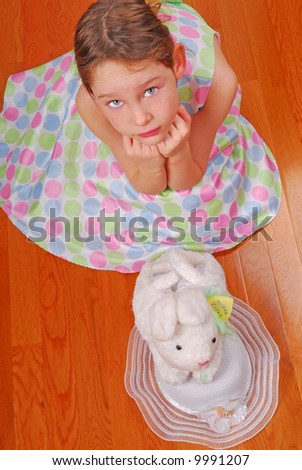 Young Girl With Easter Bonnet, Dress, and Bunny