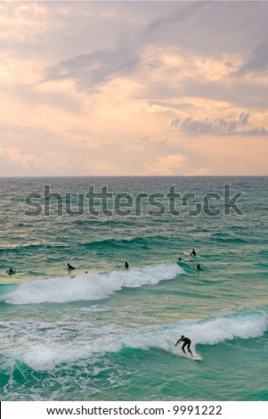 Group of surfers in pretty ocean under sunset