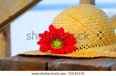 Pretty straw hat and flower on beach boardwalk with ocean in distance