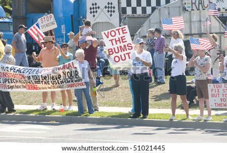 PENSACOLA - APRIL 15:  An estimated 1000 tax day Tea Party protesters peacefully assembled to voice their concern over government spending on April 15, 2010 in Pensacola, Florida.