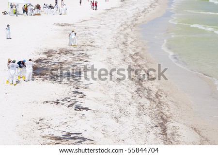 PENSACOLA BEACH - JUNE 23: BP oil workers attempt to clean oil covered sand on June 23, 2010 in Pensacola Beach, FL.
