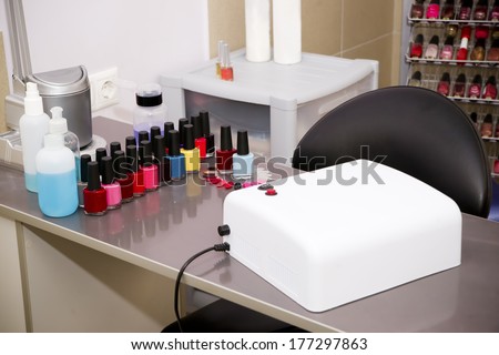 Manicure set in a beauty salon.