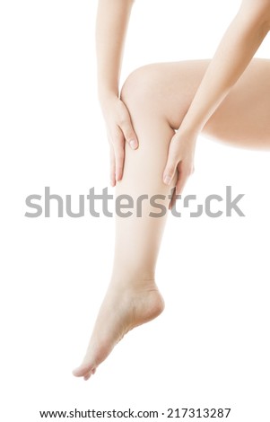 Beautiful female leg and hands isolated on white background. Foot massage
