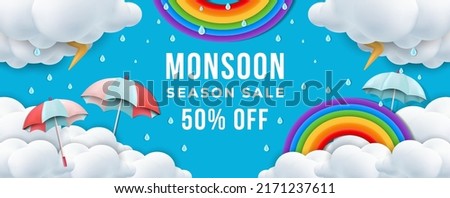 monsoon season sale horizontal banner promotion with rainbow, rainfall, umbrellas, thunder, and clouds 3d illustration