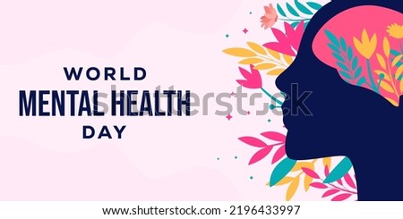 flat world mental health day banner illustration with person silhouette and floral