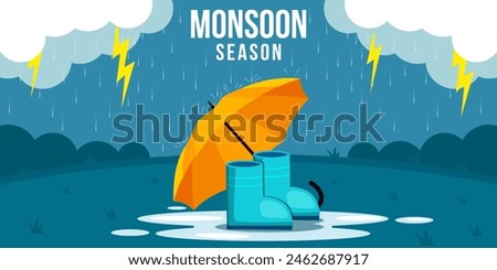 monsoon season landscape with umbrella and boots illustration