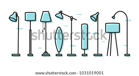 floor lamp light standing furniture interior outline line icon scandinavian memphis vector set illustration cover background