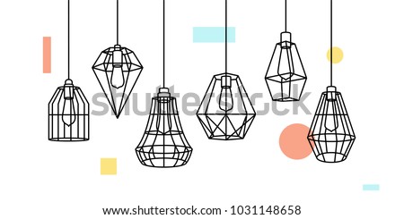 Industrial Metal Cage Pendant Light Hanging Lamp Edison Bulb lighting vector icon illustration outline line furniture