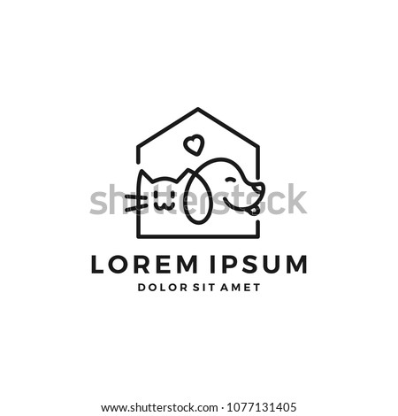 dog cat pet house home love logo vector icon line art outline