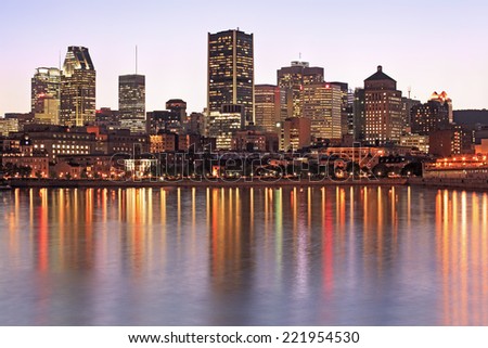 Montreal skyline and reflections at dusk, Quebec, Canada