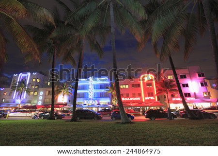MIAMI BEACH - DECEMBER 26: Ocean Drive, the center of the Miami Art Deco District, which is home to about 800 preserved buildings and famous for nightlife.Shot on December 26, 2014 in Miami Beach, USA