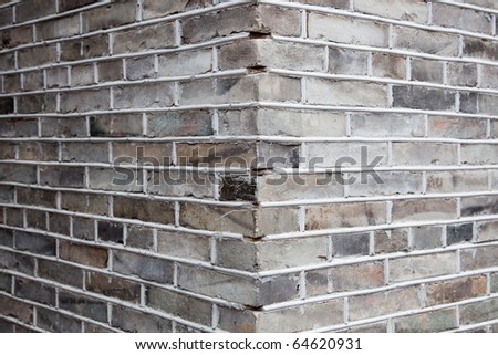 Close-up shot for the corner of gray brick wall.Gray brick ,also named blue brick,normally used in Chinese ancient architecture